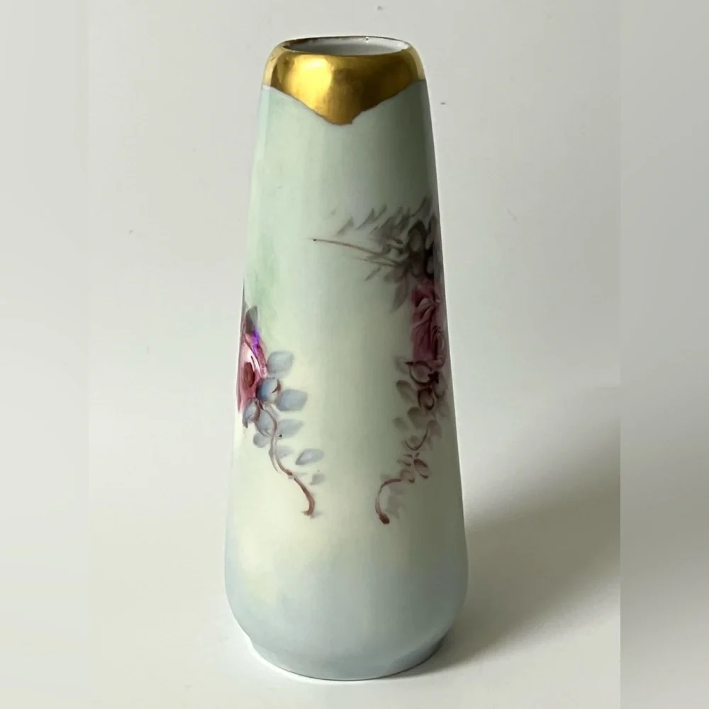 O & E.G. Royal Austria Small Hand Painted Pink Roses Gold Trim Flower Bud Vase